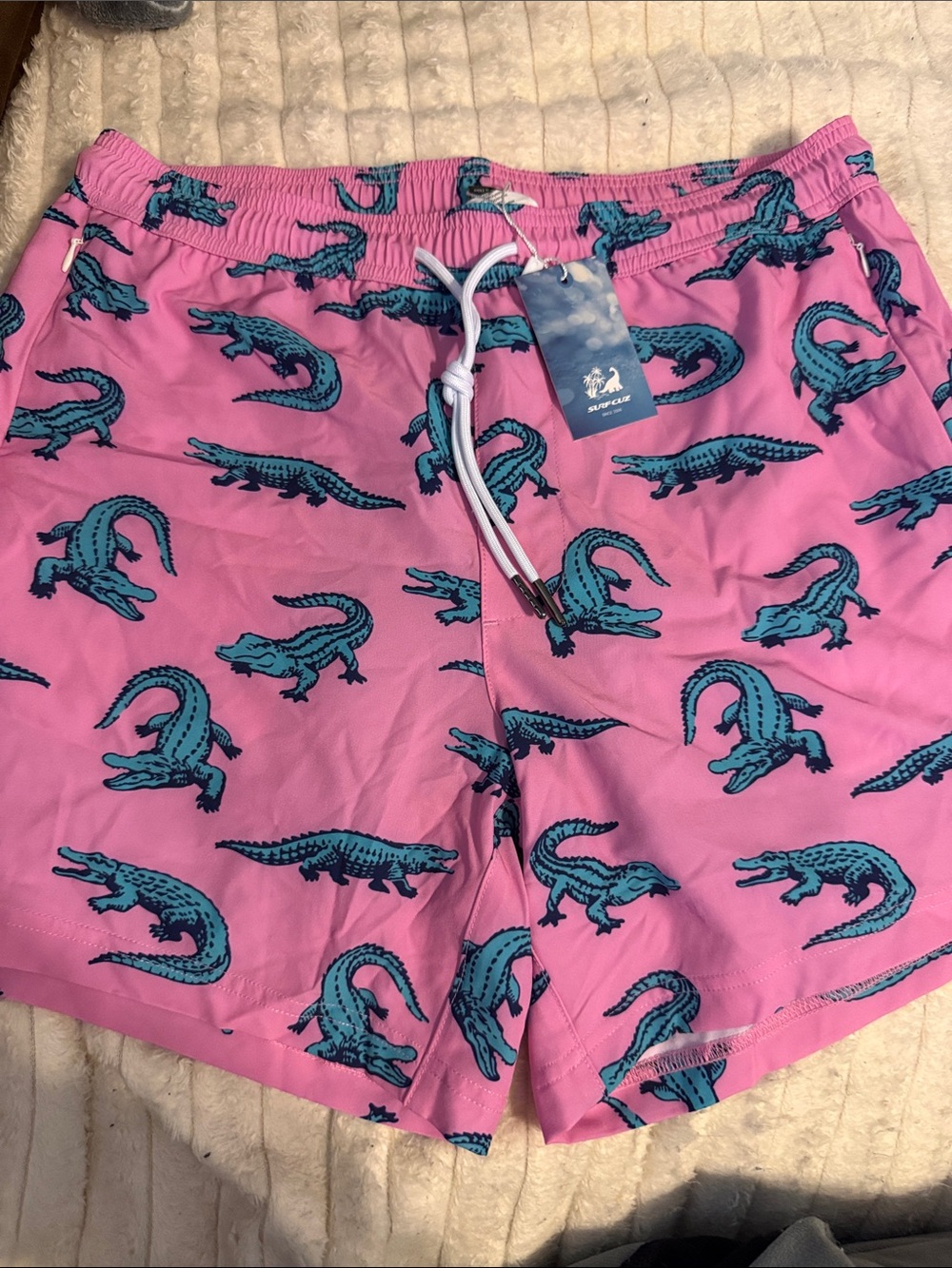 Swell Pink Swim Trunks with Teal Alligator Print
